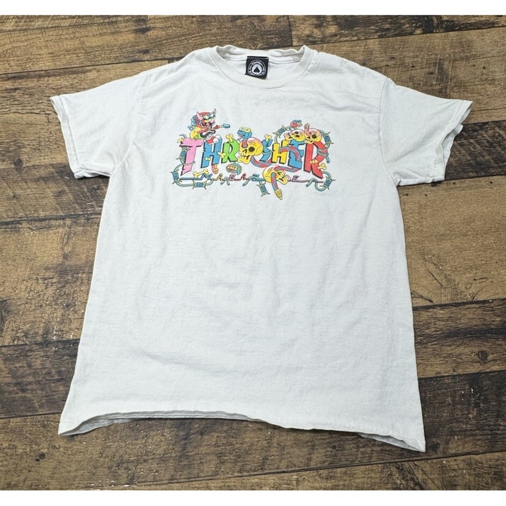 Thrasher Magazine Small DEVILS MUSIC LOGO Skateboard T Shirt WHITE Skulls Floral